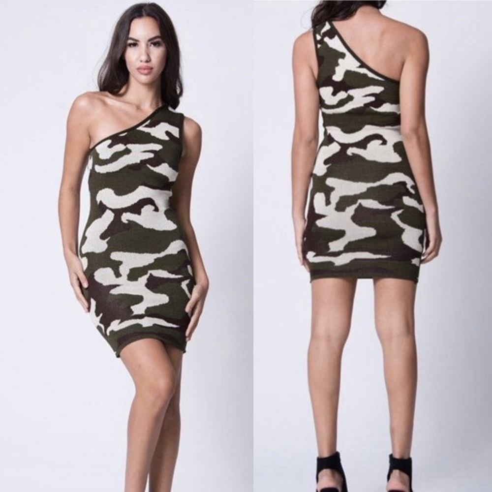 LUX LA Camo Bodycon Sexy One Shoulder Mini Dress